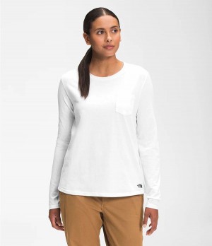 Dámské T-Shirts The North Face Long Sleeve Woodmont Pocket Bílé | CGKQRTZ-30