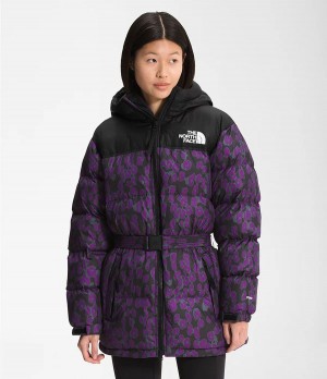 Dámské Zateplené Bundy The North Face Printed Nuptse Belted Mid Fialové | KISZRHN-57