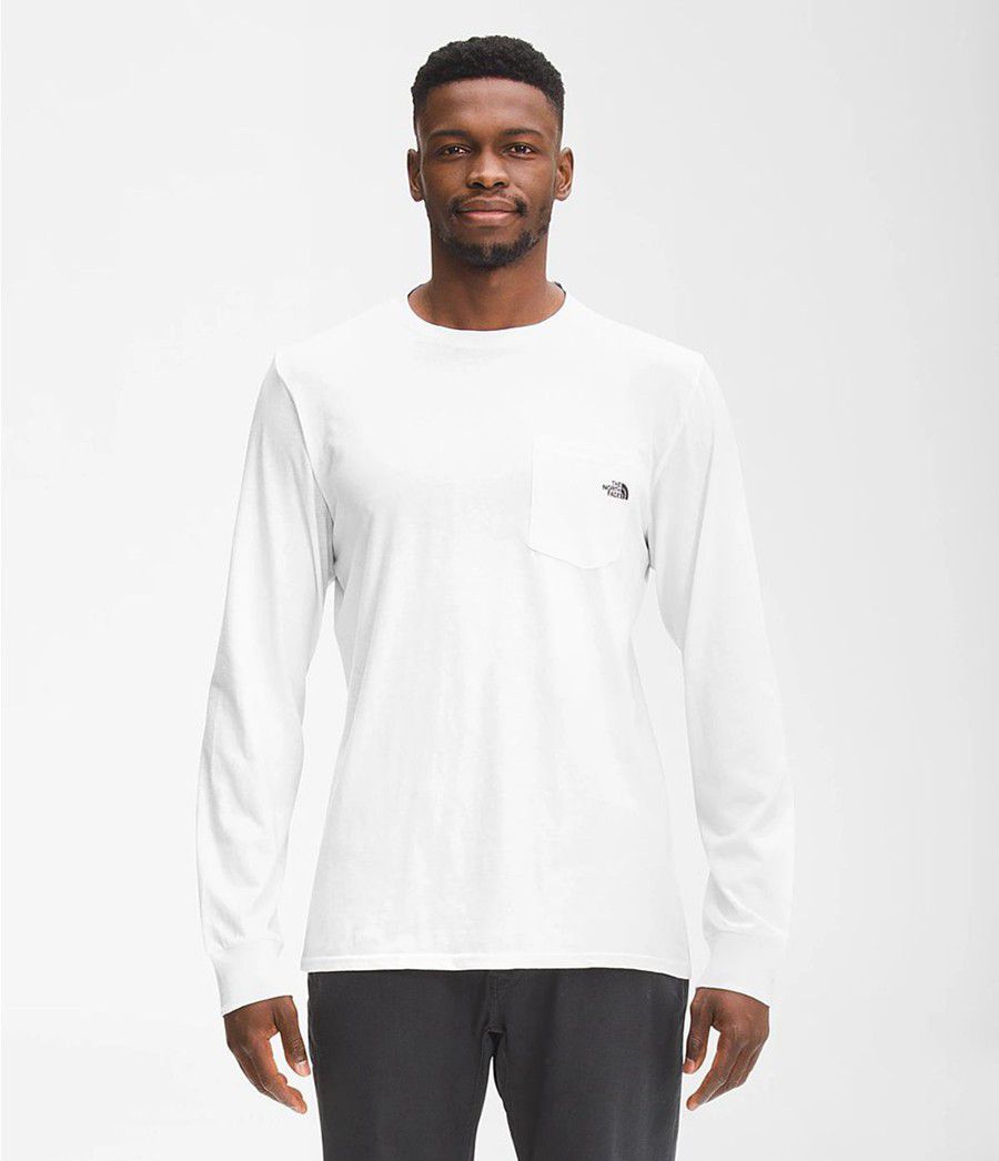 Pánské T-Shirts The North Face Long Sleeve Woodmont Pocket Bílé | BHFCJYN-14